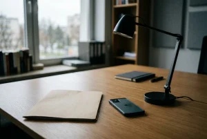 Zamknięty folder, telefon i niewielka lampka na spokojnym biurku