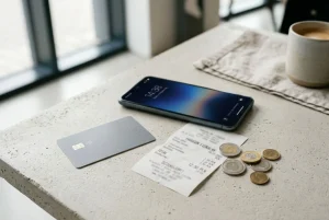Neutralna karta płatnicza, telefon i monety na jasnym blacie